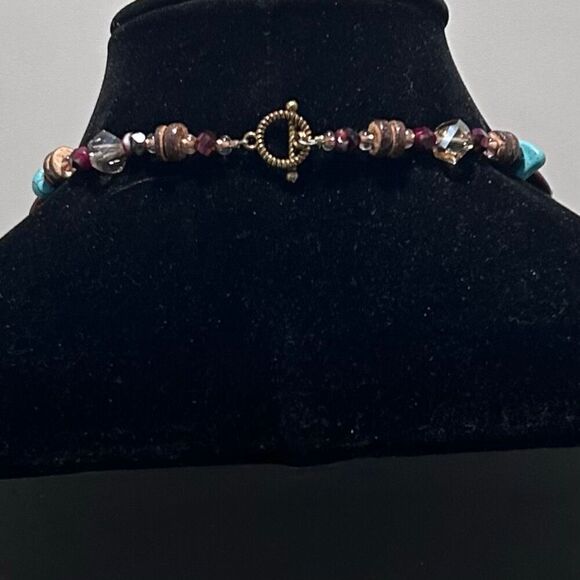 Vtg Glass & Stone Beaded Statement Necklace 9" Multicolor Howlite Stone Pendant - Picture 7 of 8